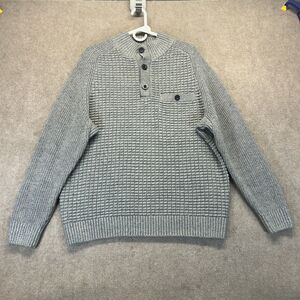 Duluth Burly Retirement Button Mock Sweater Men's L Gray Pullover Heavy Waffle